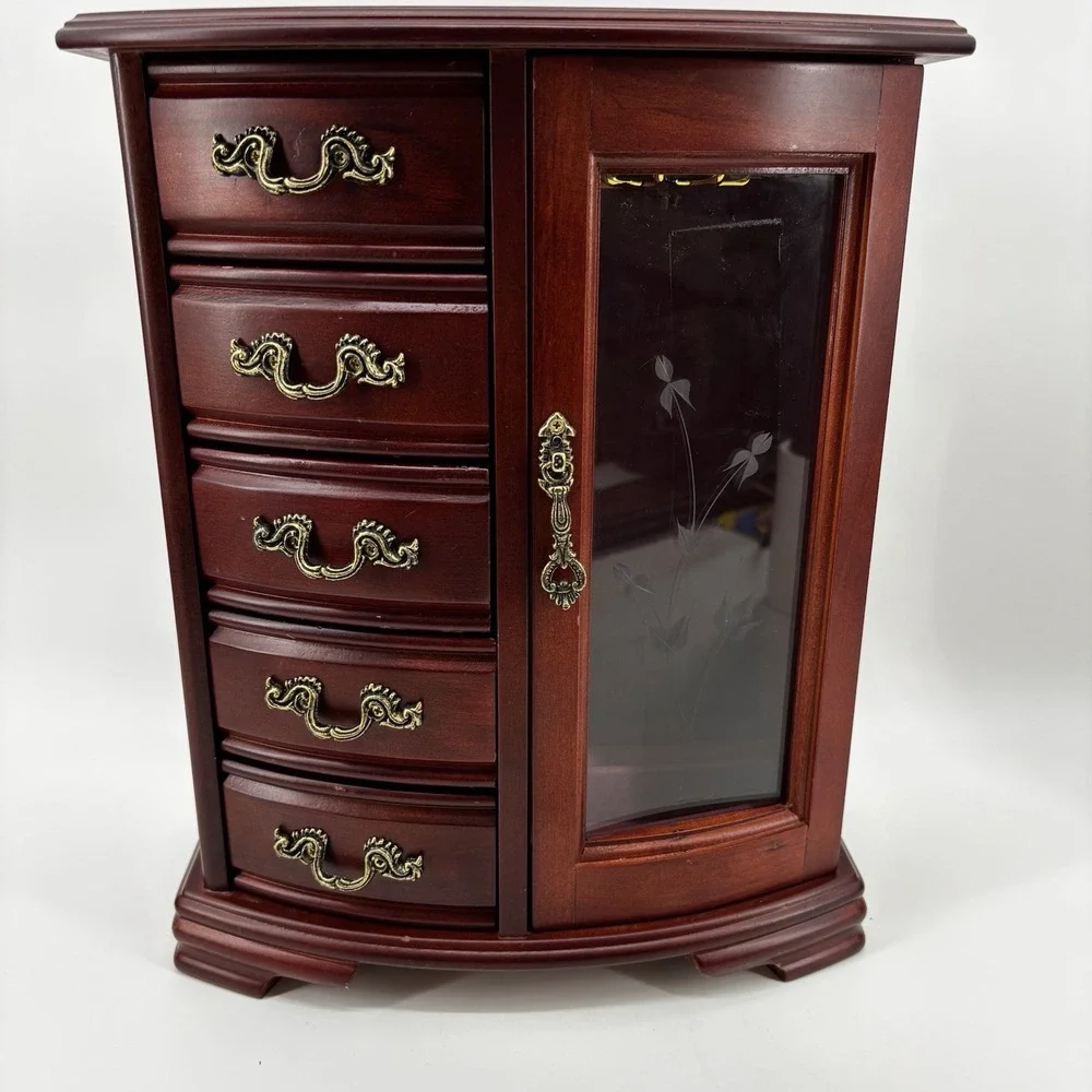 Vintage Mahogany Wood Jewelry Armoire Chest - Etched Glass Door & 5 Drawers